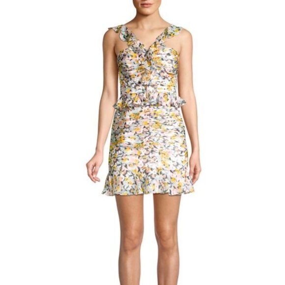 AMUR Elyse Silk Chiffon Floral Ruffle Bodycon Mini Dress Multicolor 6 Coquette - Picture 1 of 16